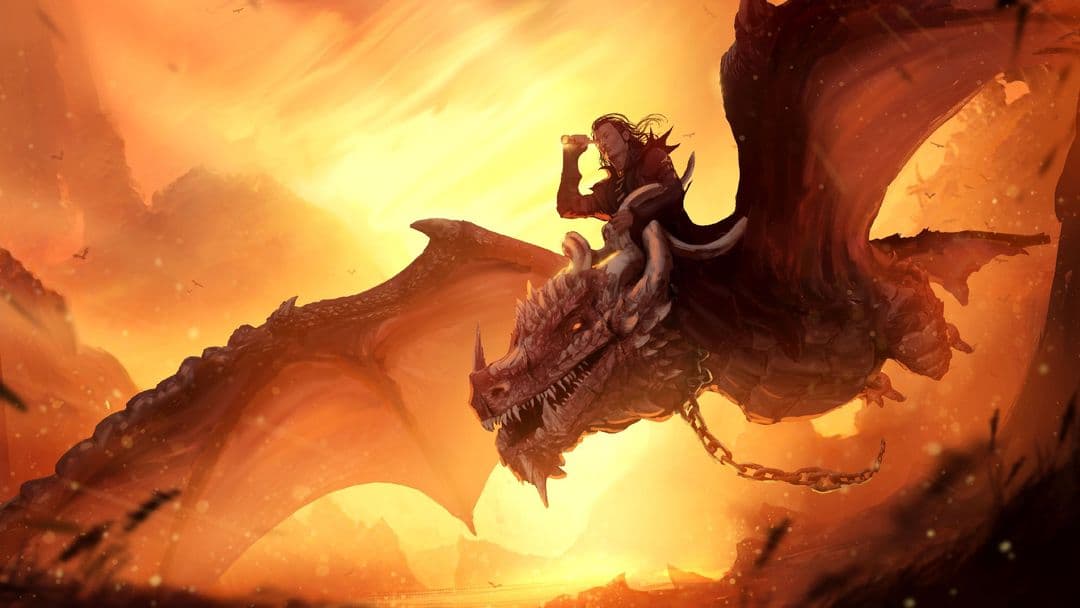 Dragon flying with an adventurer on its back