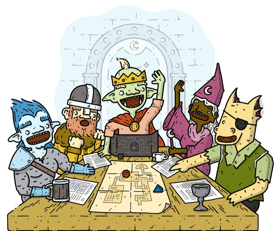 An adventuring party gathered around a game table