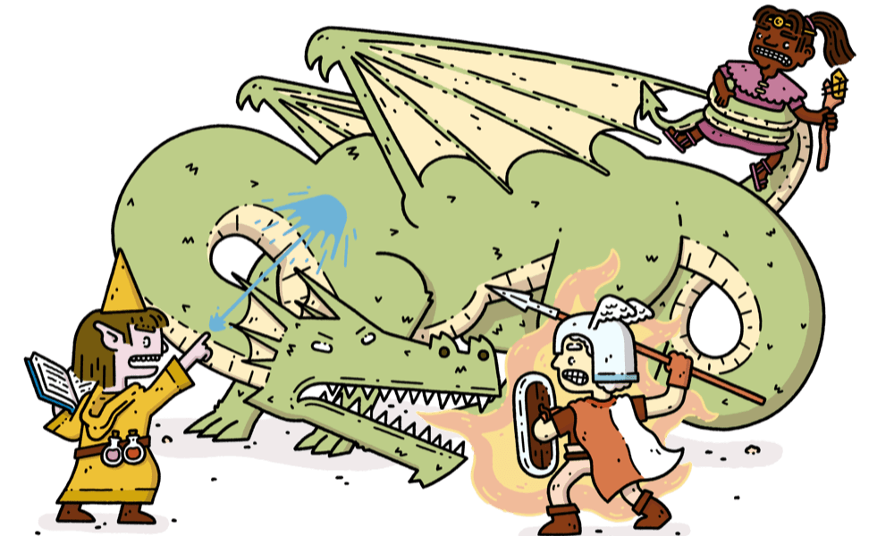 Young heroes facing a dragon