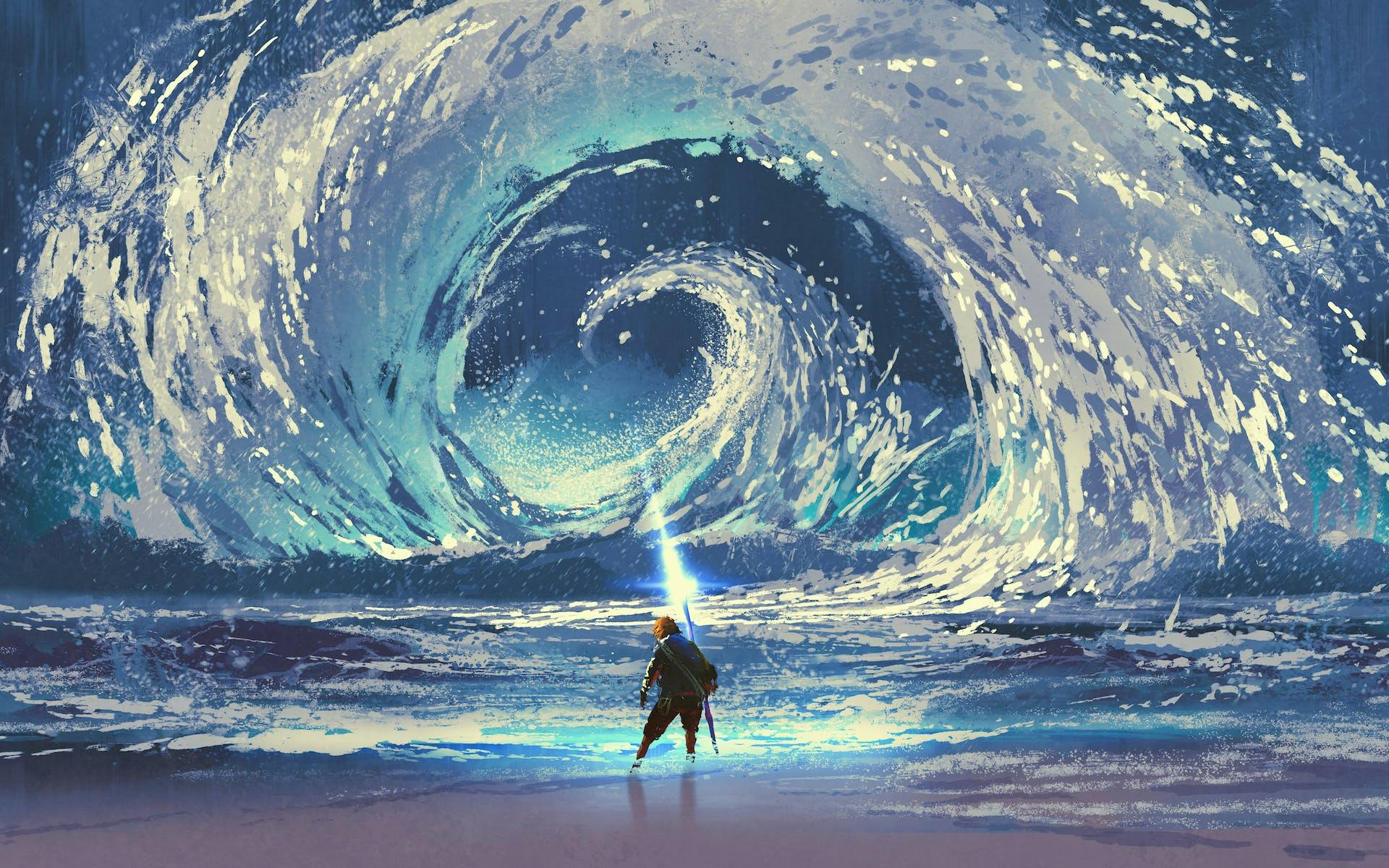 Wizard facing a large wave